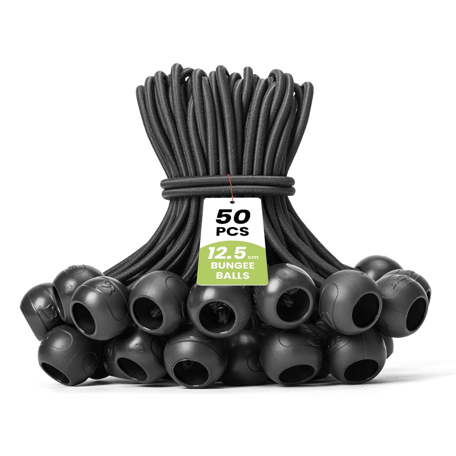 Brotree Bungee Cords with Balls 50 Packs 12.5cm Tarpaulin Bungee Balls Bungee Ties Heavy Duty for Tent, Tarpaulin, Flag Pole and Camping - Black