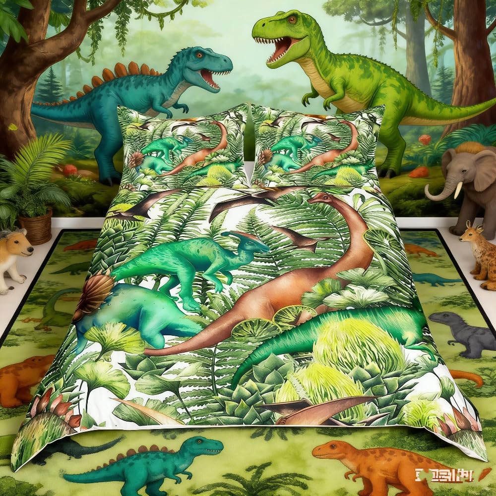 Loussiesd Double Bedding Duvet Cover Set for Kids with Matching Pillowcase Vibrantly Coloured Wild Animal Bedding Set for Boys and Girls Dinosaur Bedroom Decor (Dino Roar) 3 Pieces