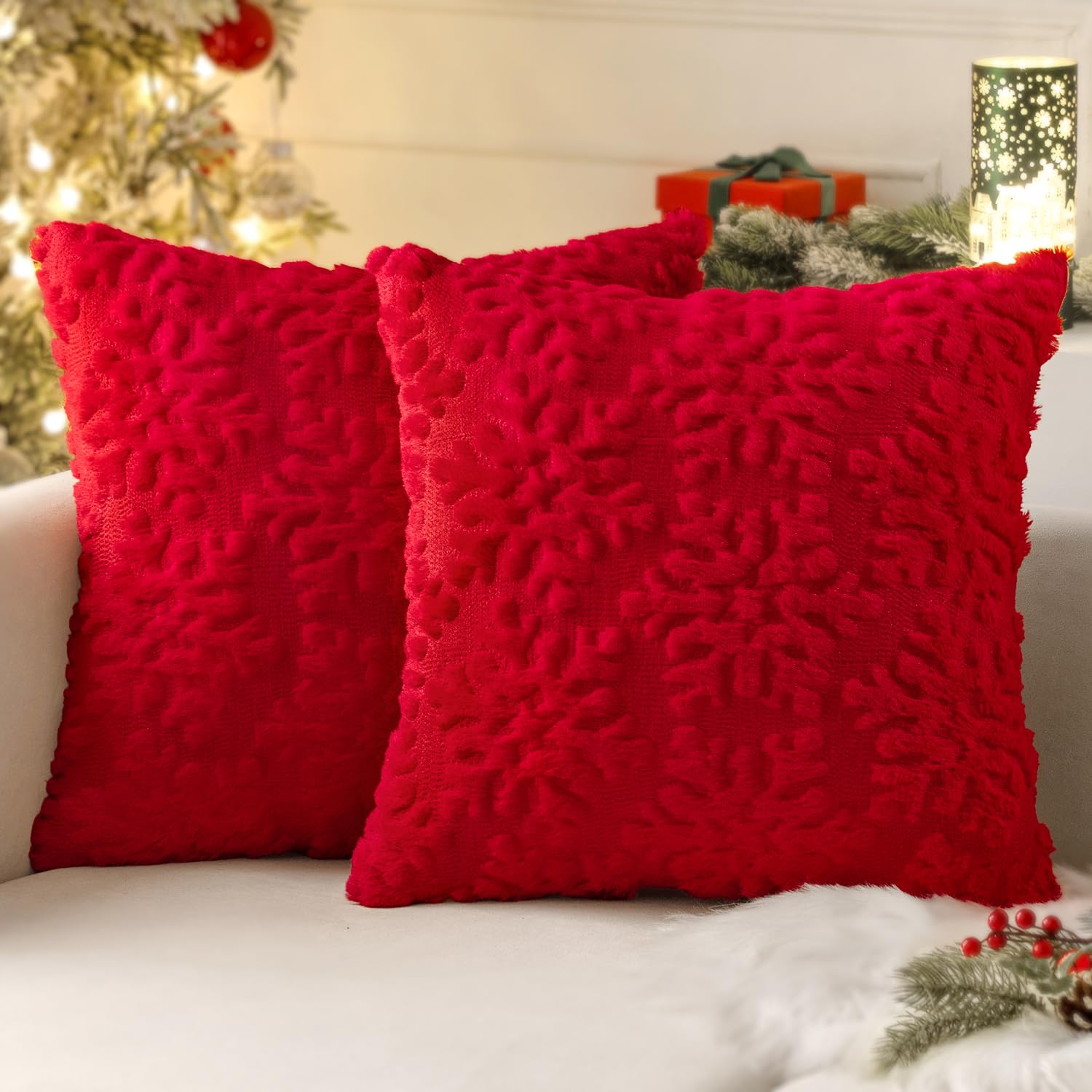 Photo 1 of MIULEE Red Throw Pillow Covers Christmas Snowflakes Decorative Pillow Covers 18x18 Inch Soft Plush Faux Wool Pillow Covers Set of 2 Farmhouse Couch Pillows Home Decors for Sofa Livingroom Bed
