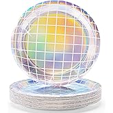 FunisFun Disco Ball Plates 25P Disposable Plates for 70s Disco Party Decorations Wedding Birthday Bachelorette Party 9" Multicolor