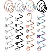 Ocptiy 18G 20G 22G Nose Rings Hoops 316L Stainless Steel L Shaped Nose Rings Studs Nostril Piercings Jewelry for Women Men Silver Rose Gold Black Rainbow