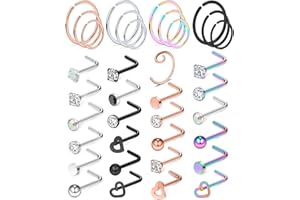 Ocptiy 18G 20G 22G Stainless Steel Nose Ring Hoop Nose Rings Studs Piercings Hoop Jewelry for Women Men 33Pcs-36Pcs