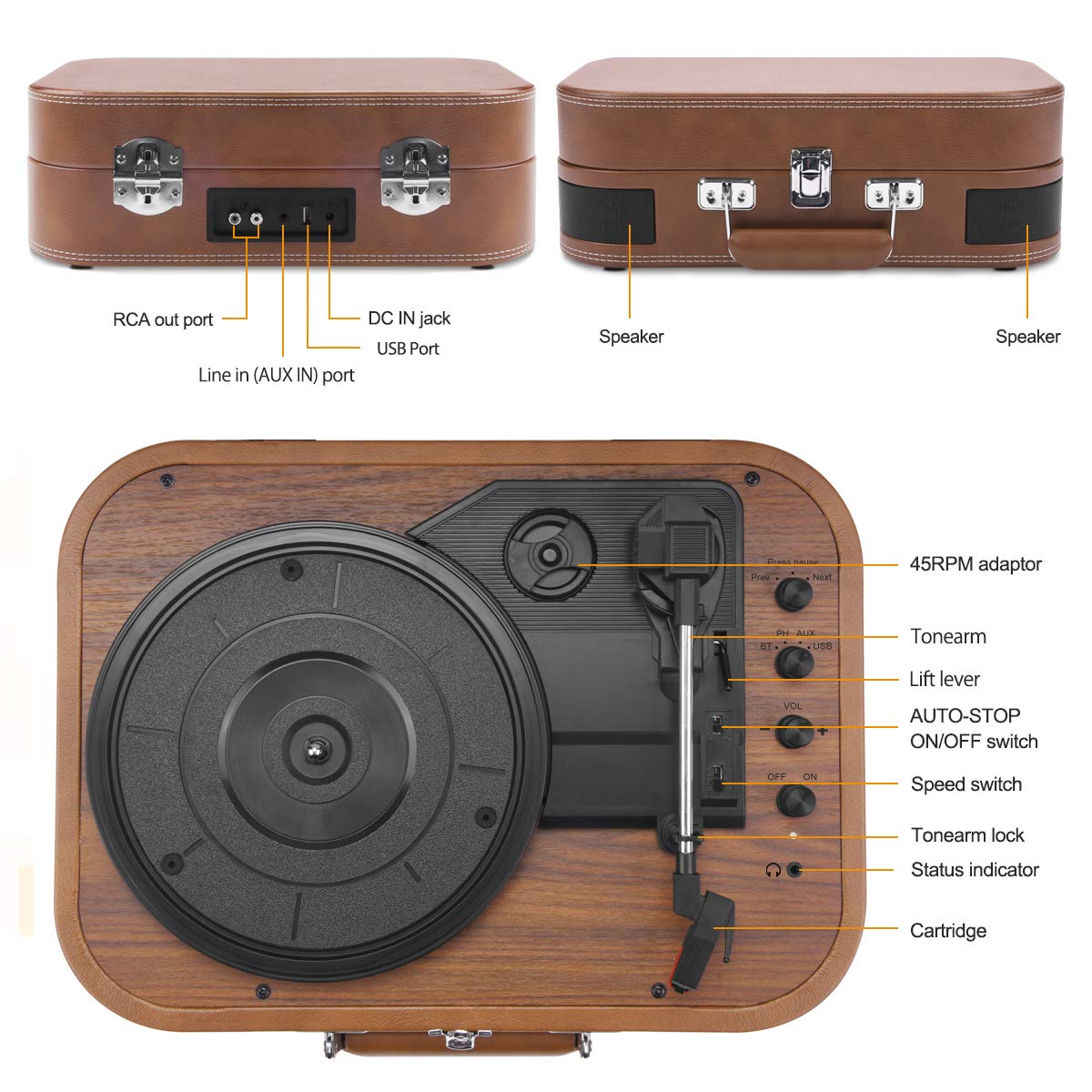 Voksun Suitcase Record Player, Bluetooth Turntable with Built-in Stereo Speakers, 3-Speed Nostalgic LP Vinyl Player, Supports Vinyl to MP3 Recording, with AUX USB RCA Headphone Jack, Brown