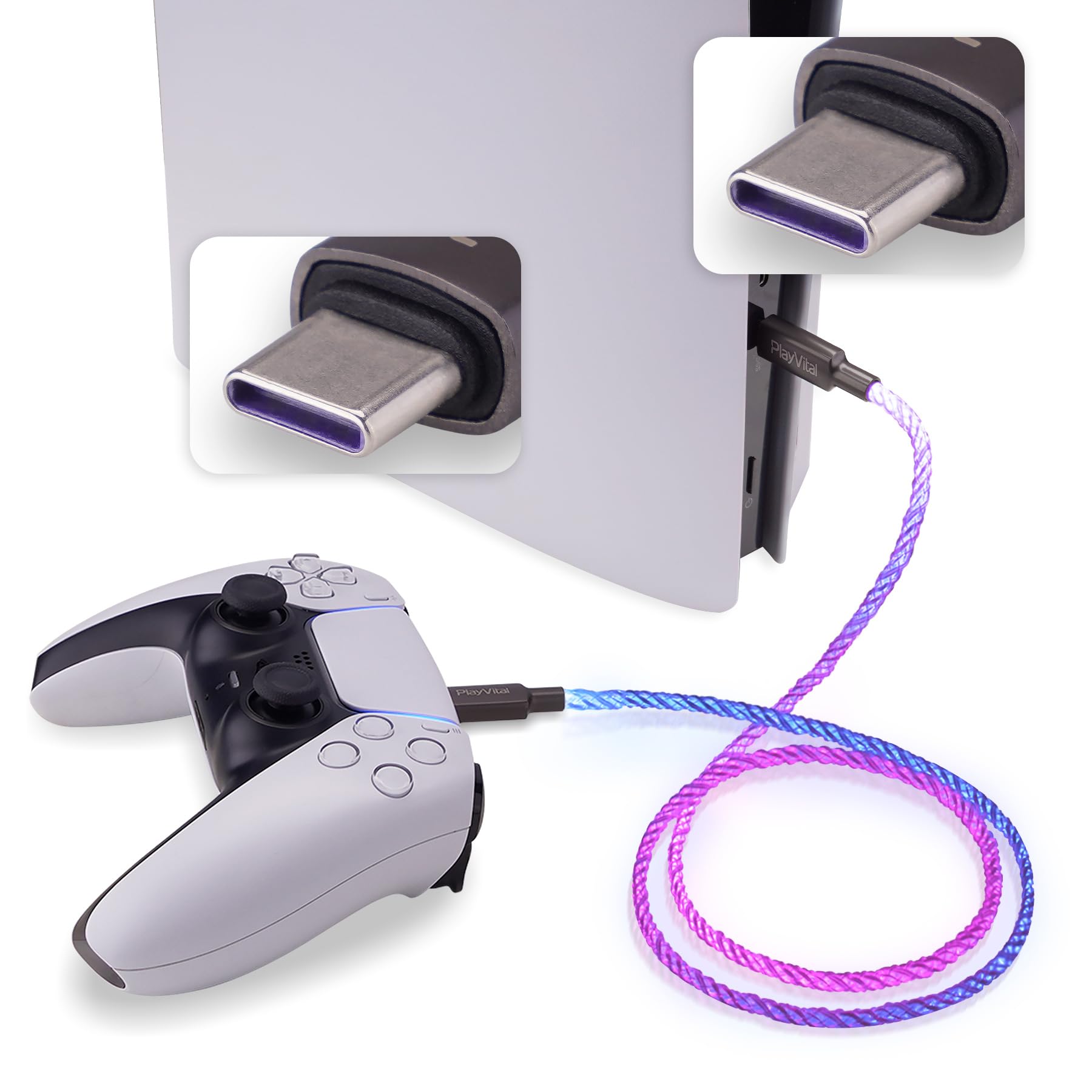 PlayVital 3.28 ft Illuminated Charging Cable for PS5 Edge Controller, Type C to C Charging Cable for Gamepad, Universal LED Light Data Cable for Xbox Core/Elite Series 2/Switch Pro Controller