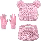 ACAREU Kids Winter Hat Gloves Scarf Set Beanie with PomPom Fleece Lined Warm Touch Screen for Boys Girls Christmas Gift