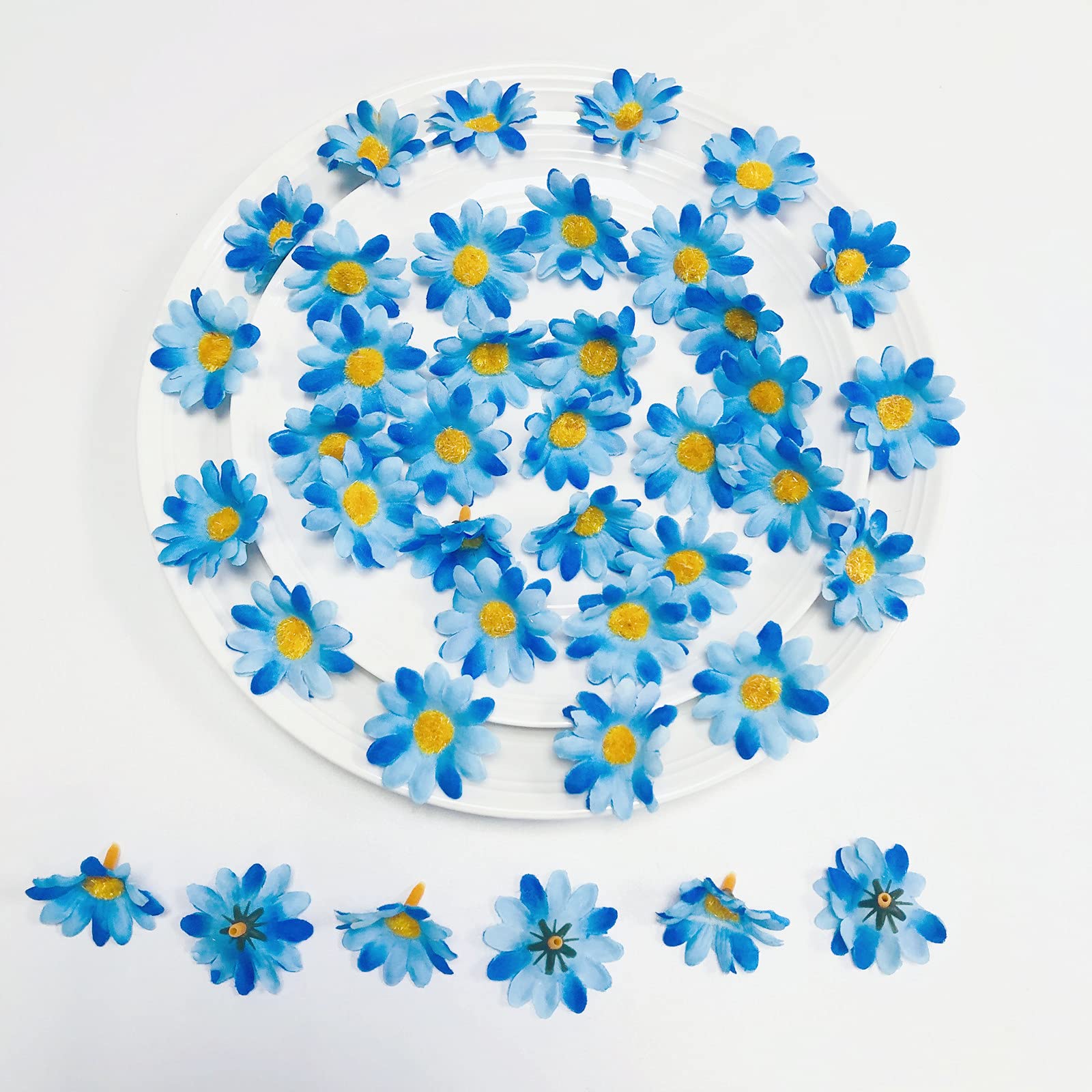 Artificial Blue Flower Petals Silk Sunflower Daisy Flower Heads for Wedding Party Beach Home Brooch Hairpin Decoration (Blue Daisy, 50pcs)