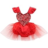 Muasaaluxi Newborn Baby Girls Valentine Romper Tutu Dress Fly Sleeve Heart Sequins Bodysuit Jumpsuit Summer Outfit 0-3Y