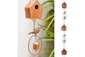 MOCOME Gold Bird Houses Rain Chain for Heavy Rain, Functional and Decorative Replacement Downspout Chain for Outside, Metal Rain Catcher Chain for Gutters, 8.5FT