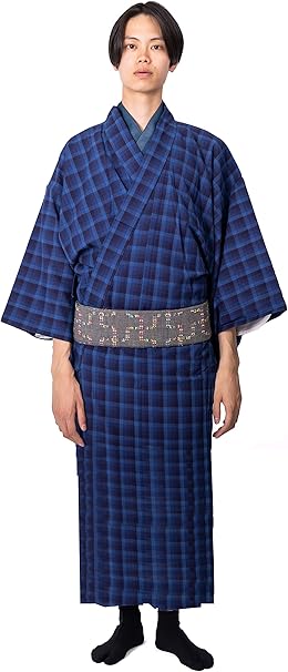 Amazon 男着物 木綿着物 単衣仕立て 越後片貝木綿 紺色チェック柄 Mサイズ 着物 通販