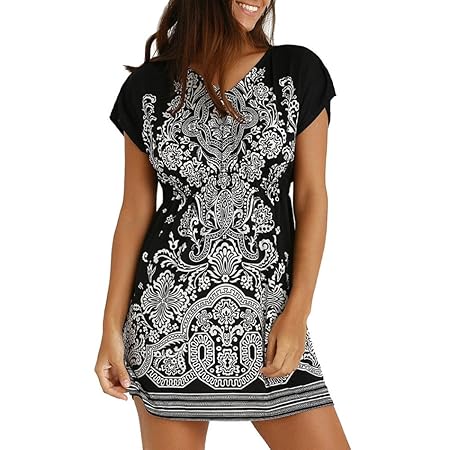 AMUSTER Damen Kurze Kleider Strandkleid Minikleid Tunika Vintage Bohemian Strandtunika Sommer A-Linie Kleid Damen Sommer Klei