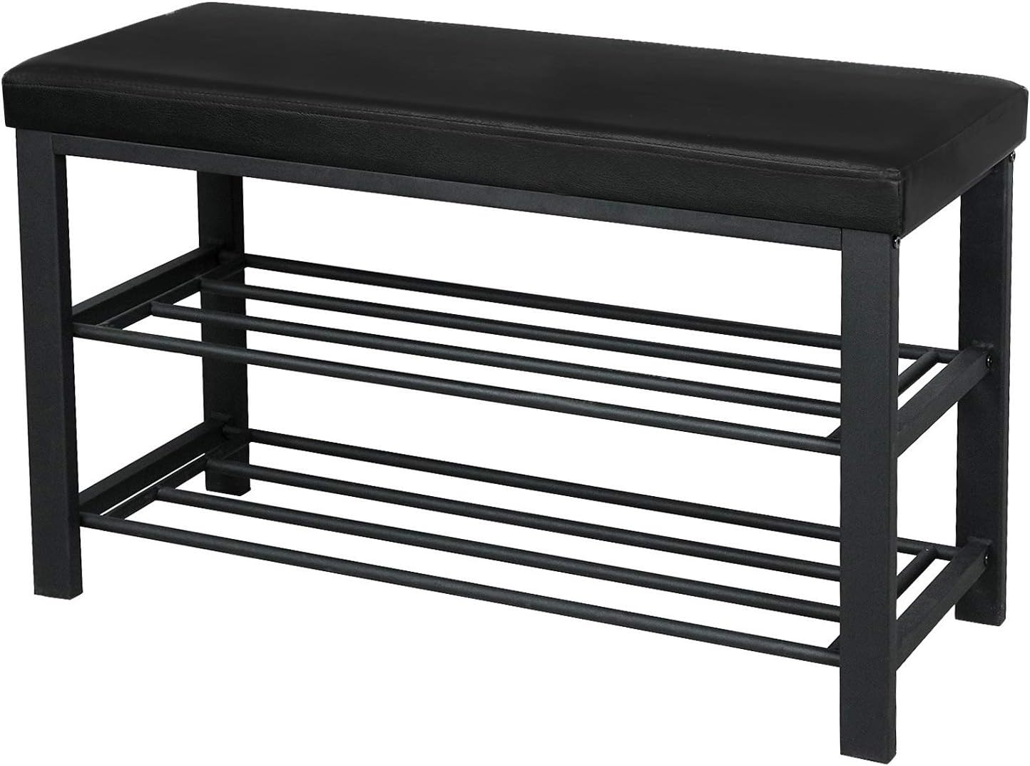 Finnhomy Entryway Shoe Rack with Cushioned Seat, 2 Shelves Storage Bench w/Faux Leather Top Bed Bench, Black: Home & Kitchen