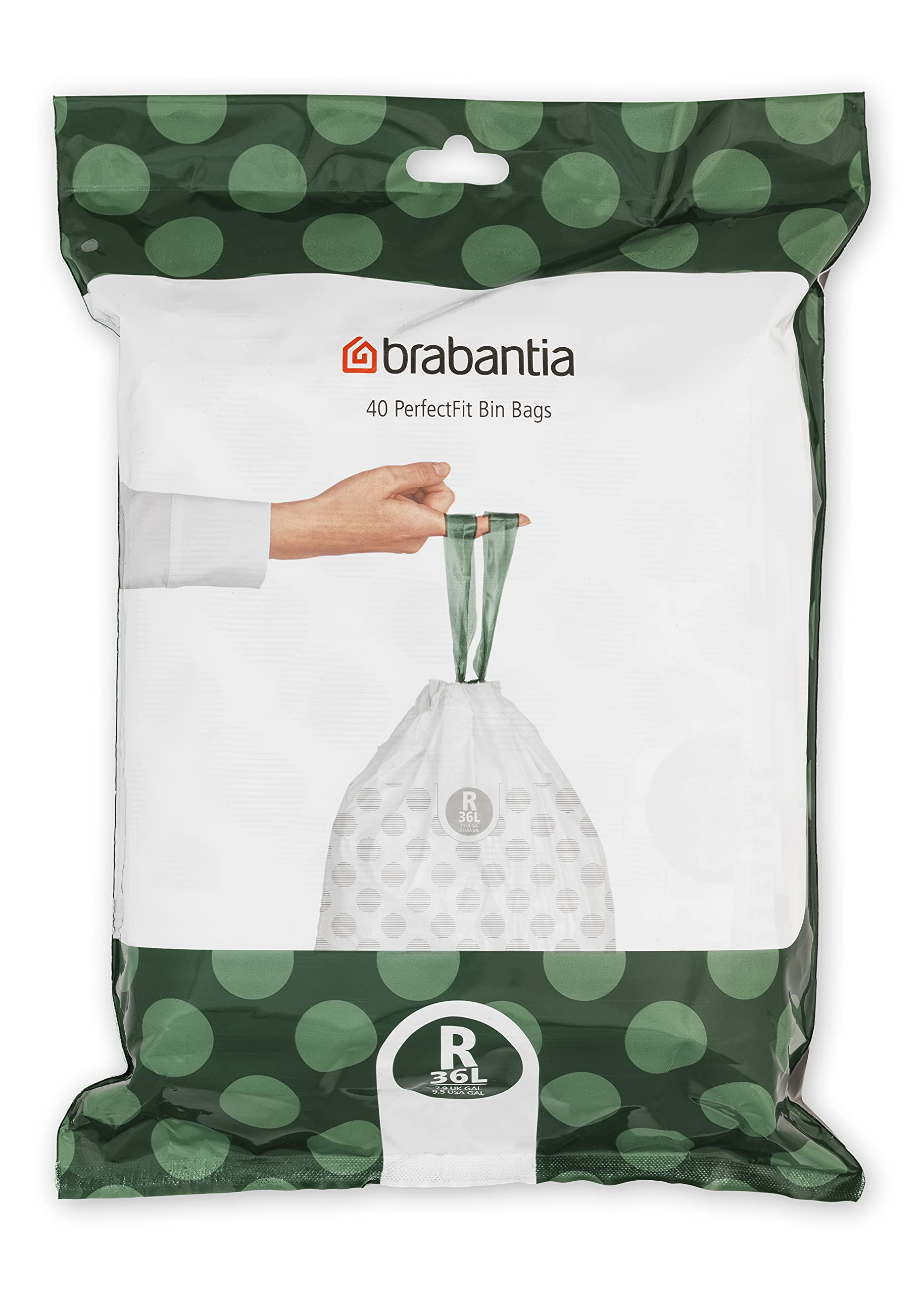 Brabantia 138546 PerfectFit Bin Liners (Size R/36 Litre) Thick Plastic Trash Bags with Tie Tape Drawstring Handles (40 Bags), White