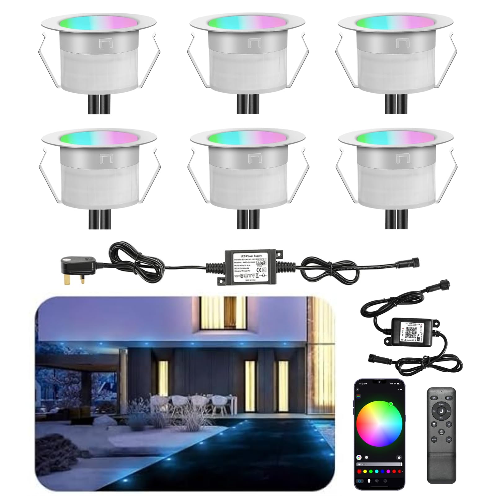 INDARUN RGB WiFi Led Decking Lights Waterproof IP67 Ø45MM 12V 0.5W - Led Plinth Light Kits for Terrace/Patio/Path/Wall/Garden/Decoration, 6 Packs