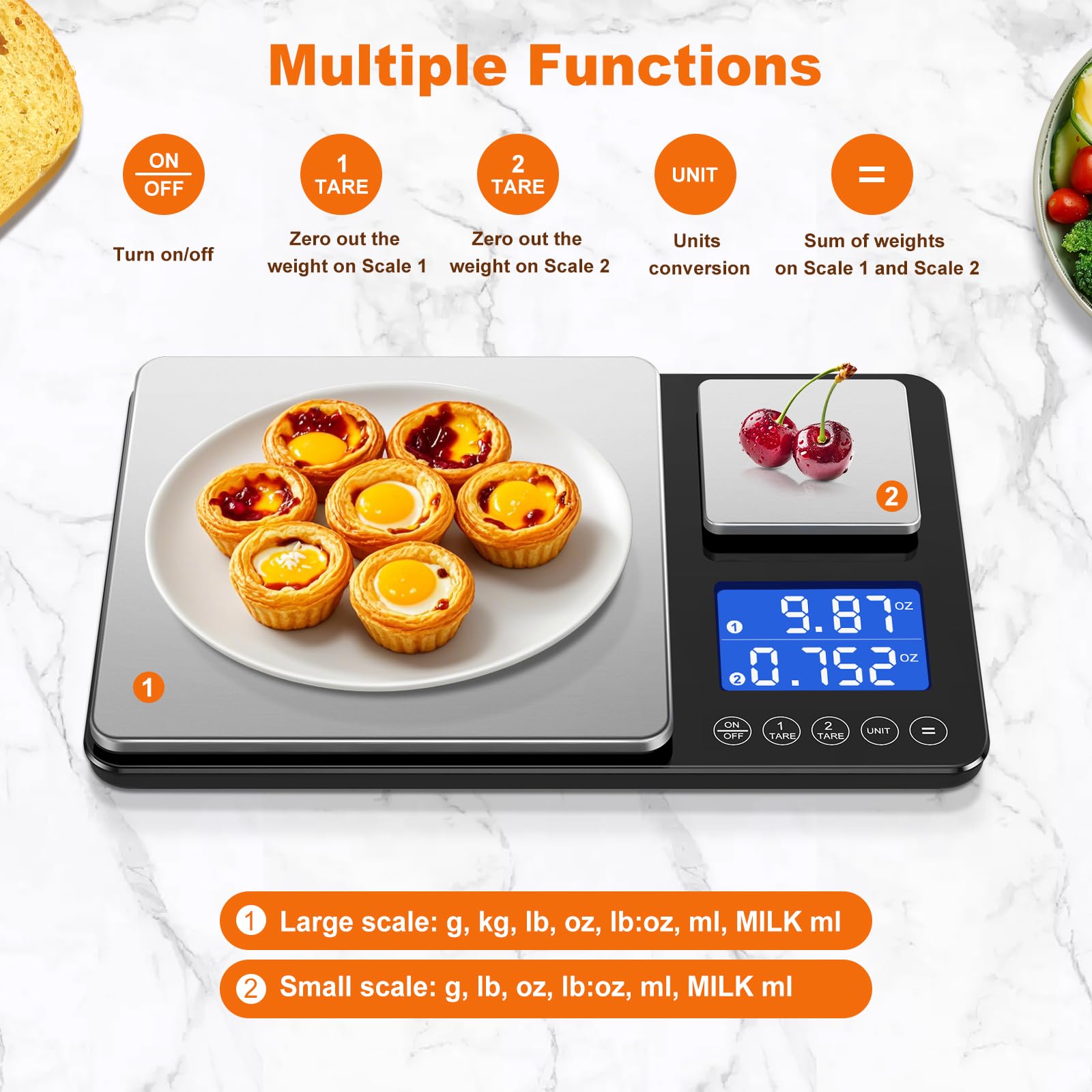 0.001oz/33lbs Dual Platform Food Kitchen Scales Digital Weight Grams and Ounces, Two Precisions Kitchen Scale for Sourdough Bread, Baking and Cooking with 7 Units Tare, Accumulation Functions