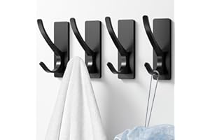 Josmimic Self Adhesive Towel Hooks: Extra Strong 13LB, Stainless Hook for Hanging Loofah, Towels, Coat, Bath Robe Bathroom Shower, Black, 4 Pack