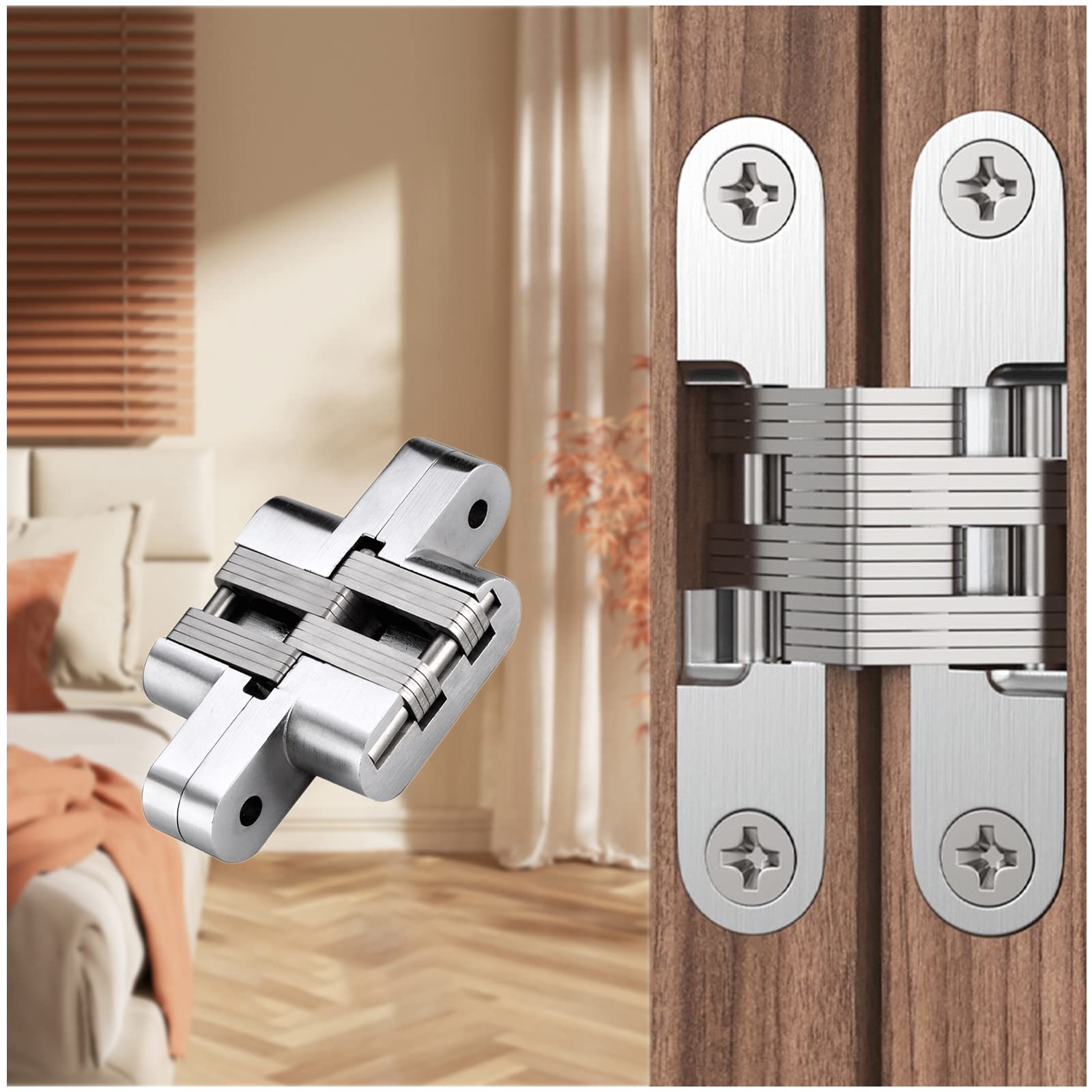 YIDELAI Hidden Hinges (1 Pair) 0 degrees-180 Degrees Playing Angle Invisible Cabinet Door Hinges(60 * 13MM, Silver)