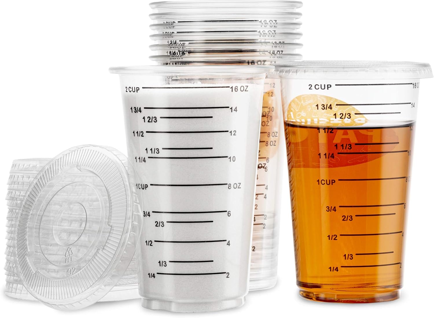 (24 Cups + 24 Lids 16 OZ 2 Cup) Disposable Measuring Cup