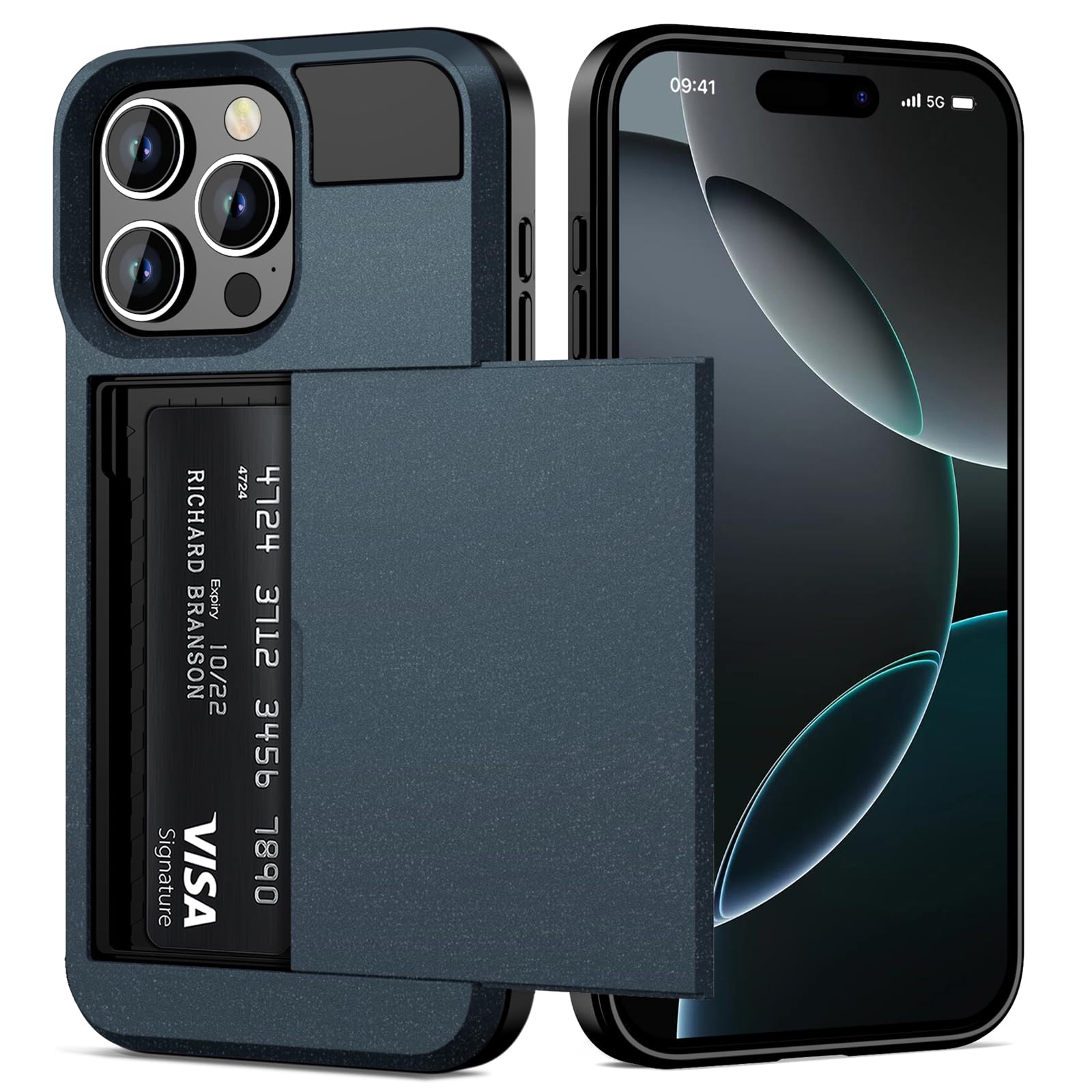 Photo 1 of Vofolen for iPhone 16 Pro Case with Card Holder Dual Layer Heavy Duty Drop Protection Hidden Sliding Card Slot Slim Wallet Phone Case for iPhone 16 Pro for Women Men, 6.3 Inch Matte Navy