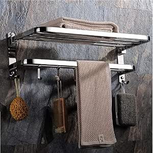 XIAJIA-Doble Barra de Toalla,Estante de almacenamiento plegable montado en la pared con 5 ganchos,58cm x 24cm x 19.5cm,SUS 304 Acero inoxidable ,90 ...