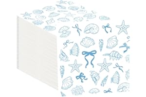 80 Pcs Blue Bow Starfish Seashell Napkins 13 x 13 inch Ocean Seashell Beach Party Decorations Coastal Napkins for Summer Beac