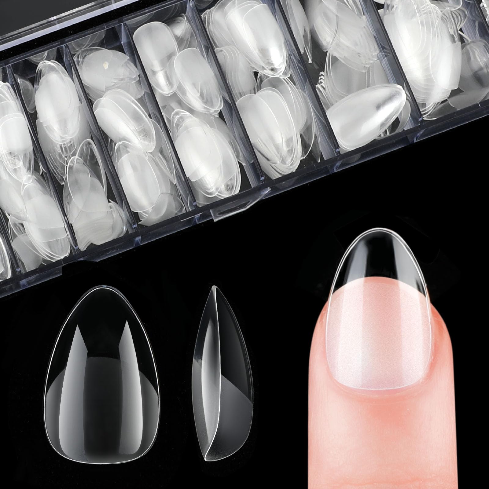cobee Mini Short Nail Tips, 504pcs PMMA Resin False Press on Nails Clear Soft Gel Full Cover Fake Nail Tips Half Matte Pre-Etched for Women Nail Salon or Home DIY Extensions, 12 Sizes(Short Almond)