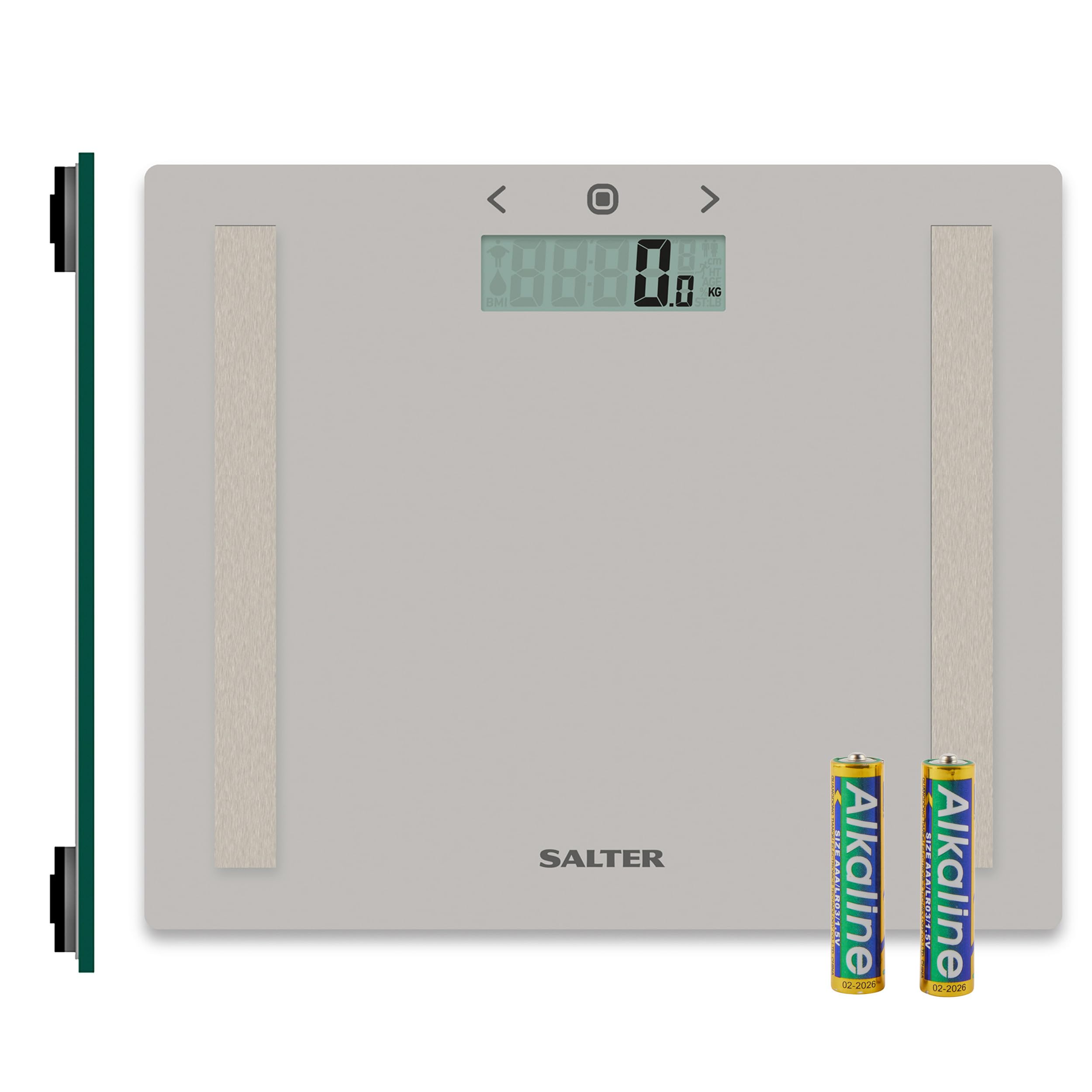 Salter 9113 GY3R Digital Bathroom Scale - Analyser Body Weight Scale, Max 150kg, Measure Weight/Body Fat & Water, BMI, Toughened Glass Platform, 8 User Memory, Athlete Mode, Slim Storage Design, Grey