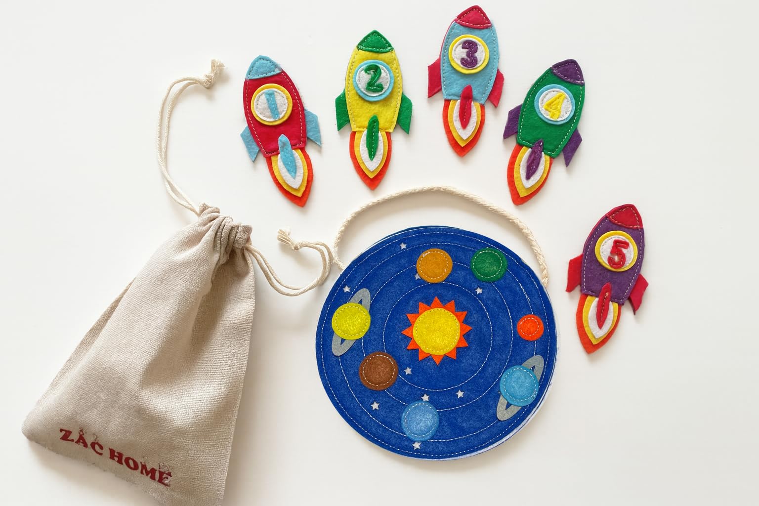 ZAC HOME Felt Space Learning Set, 5 Rocket Finger Puppets with Solar System Board, Educational Nursery Rhyme Toy, 3+ Years