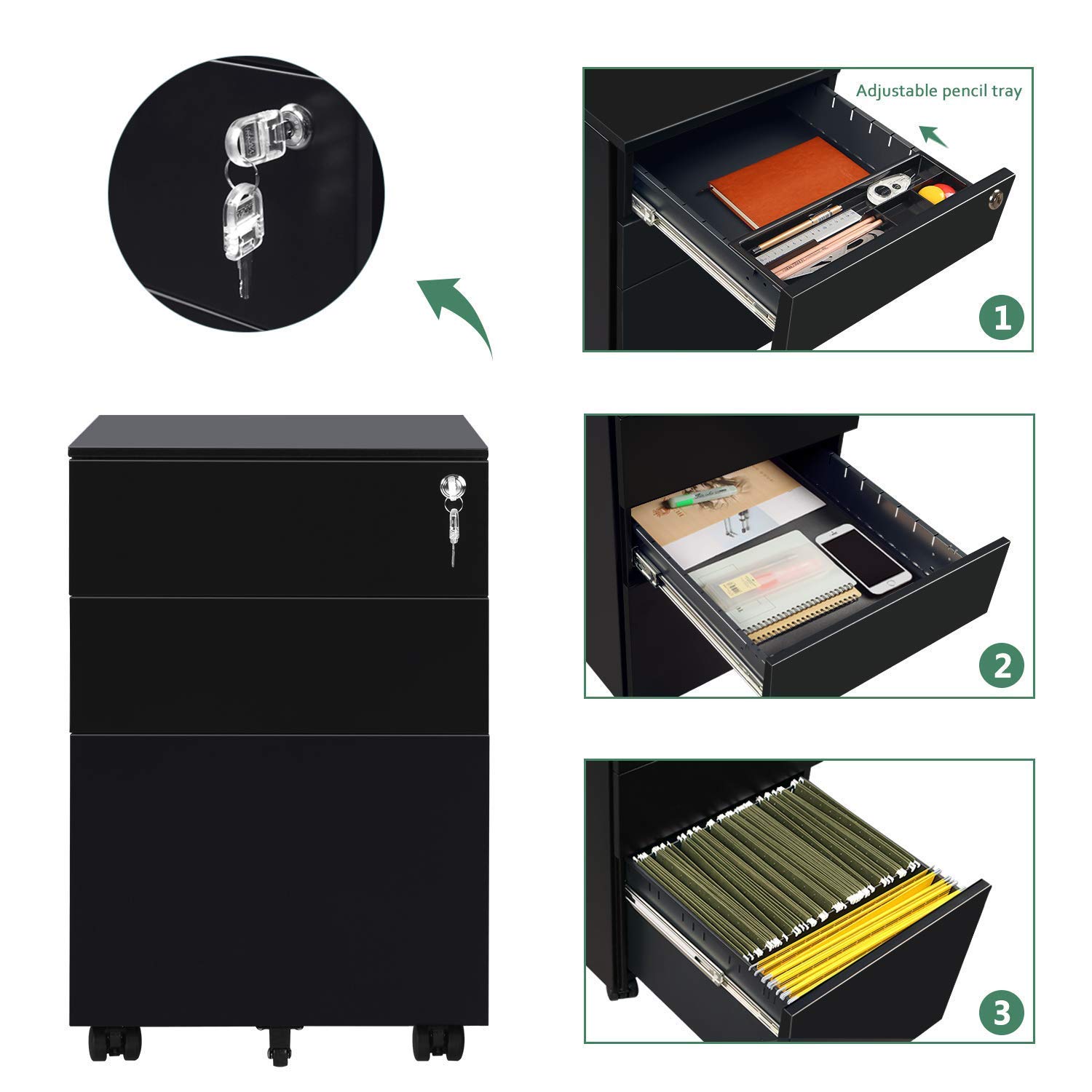 All Steel Panana Office Metal Filing Cabinet Mobile Pedestal With 3 Drawers Office Storage File Organisers Lockable White Pedestal For A4 60cm H Cupboards