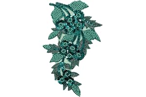 SAIXCCS 1pc Large Flower Rhinestone Applique Dark Green, Embroidery Sequin Patches for Clothes,Beaded Lace Applique for Wedding Bridal Dress Bodice Hat Sewing Craft for Girl Embellishment(Dark Green)
