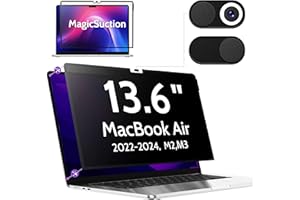 Peslv Privacy Screen for MacBook Air 13.6 Inch (2022-2024, M2, M3) - A2681, A3113 MagicSuction™ Removable Anti Spy Black Protector, Glare Blue Light Filter for Mac Laptop Computer