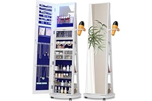 SKKTKT Full Length Mirror With Jewelry Storage, 360 Rotating Armoire Organizer With Lights, Lockable Cabinet Standing, Christmas Gifts (White)