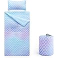 Wake In Cloud - Sleeping Bag Zippered, Nap Mat with Matching Pillow for Kids Boys Girls Sleepover Overnight Travel Slumber Bag, Mermaids Scales in Gradient Purple Blue, 100% Soft Microfiber