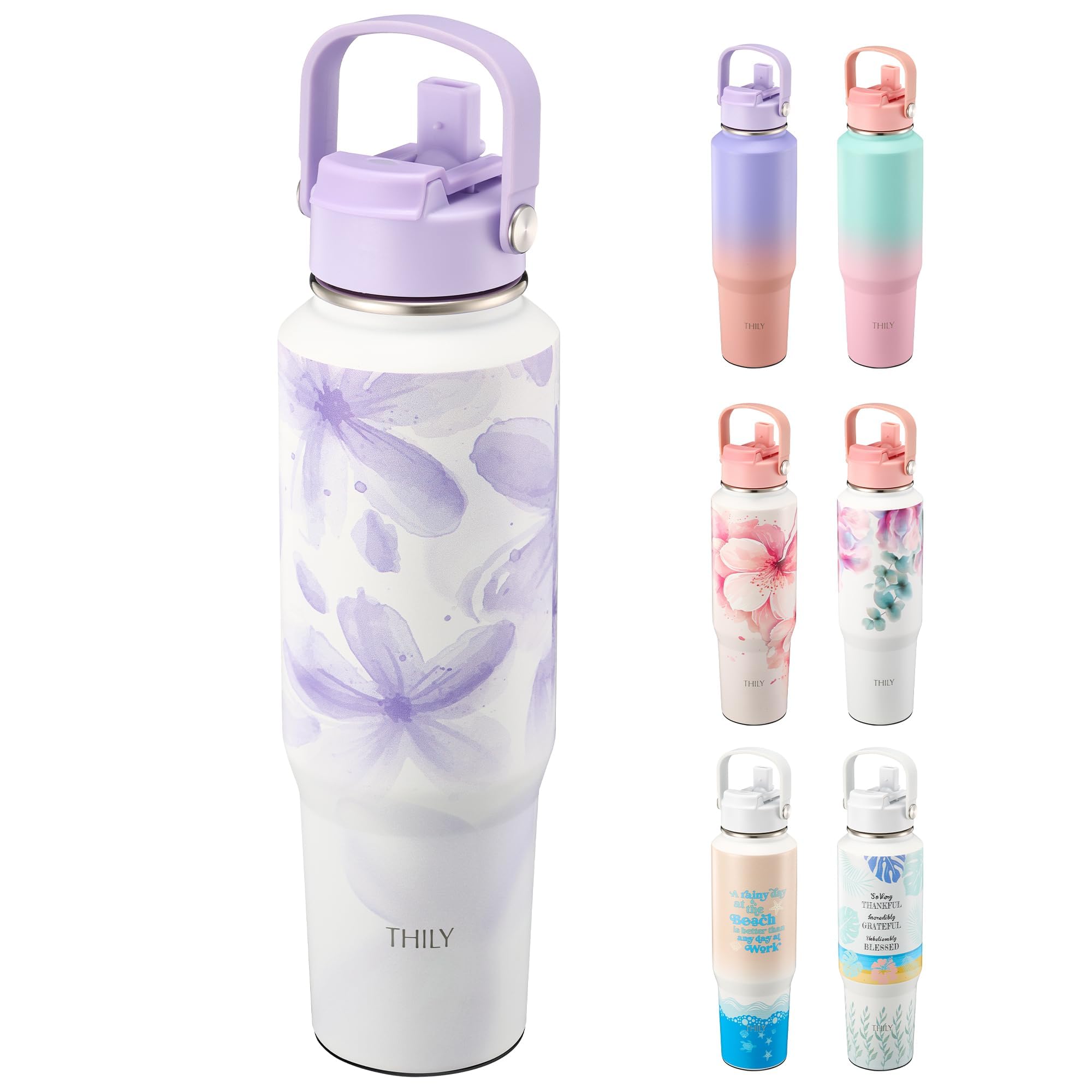 Stainless Steel Insulated Water Bottle - THILY 40 oz Wide Mouth Vacuum Insulated Double Wall Keep Liquids Cold or Hot All Day,Sweat Proof Sport Design,Cupholder Friendly, Violet Leaves