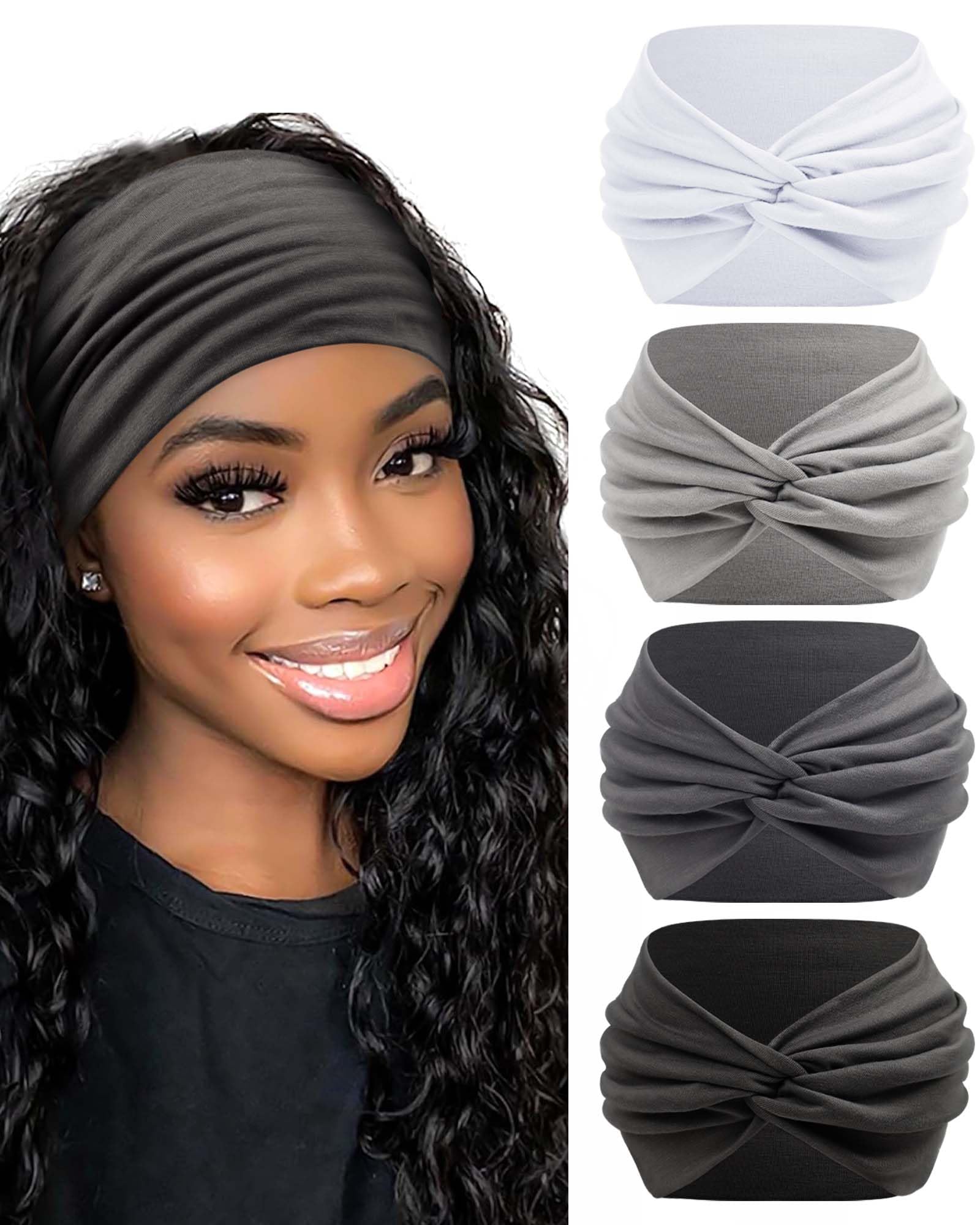 BELEVO Wide Headbands for Women's Hair, Stretchy Headband 7'' Head Bands Adult Women Knotted Head Band Elastic Hairbands Fashion Accessories for Women 4 Pcs