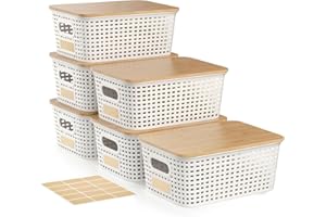 VIPHOPE Plastic Storage Bins with Bamboo Lid - Plastic Storage Baskets with Lid - Stackable Container with Lable for Organizing: Small Storage Box for Shelves Office Cabinet Drawer ,10x7.2x4 In - White 6 Pcs