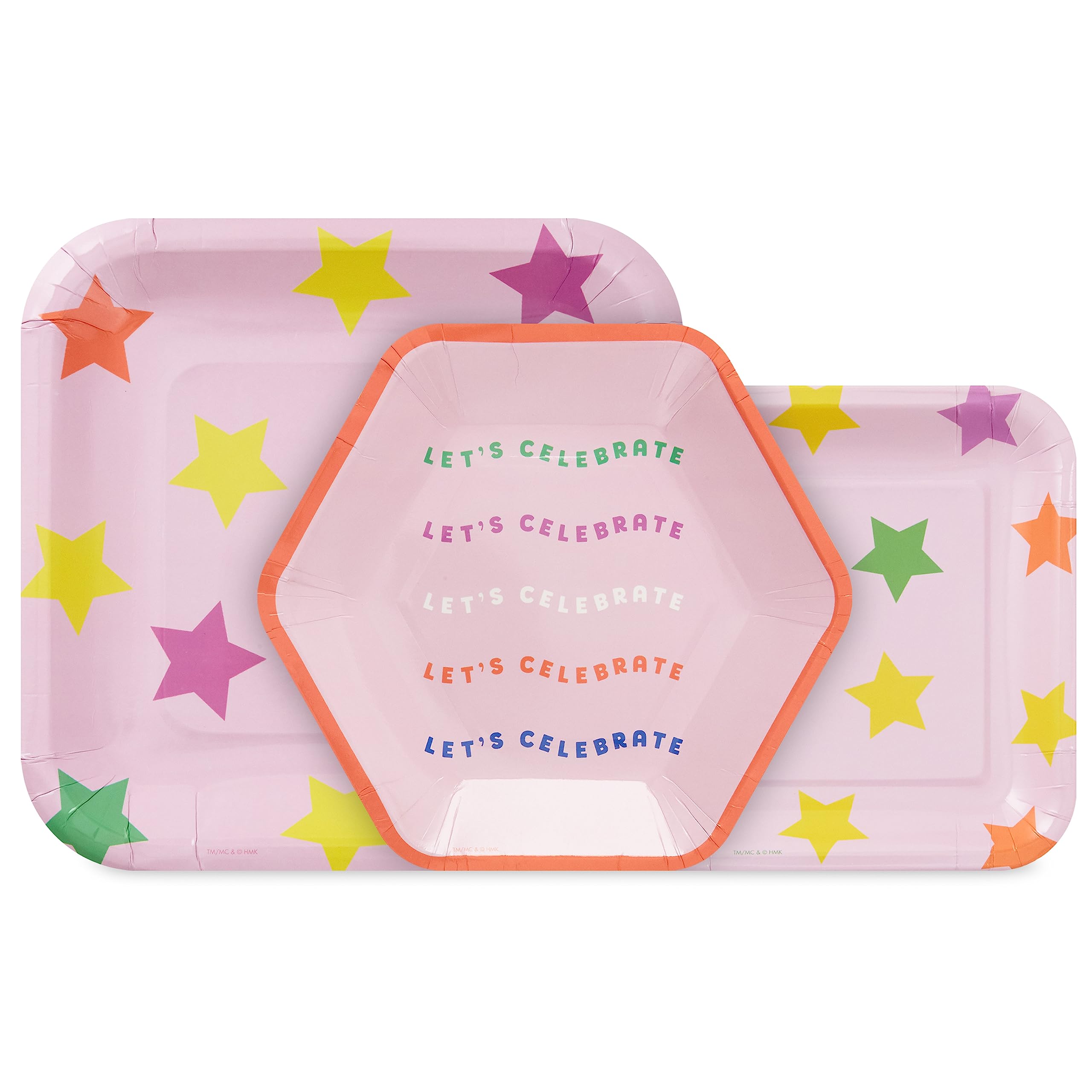 Hallmark Pink and Yellow Party Supplies (16 Square Dinner Plates, 8 Square Dessert Plates, 8 Hexagonal Dessert Plates, 32 Beverage Napkins) for Birthdays, Bridal Showers, Graduations