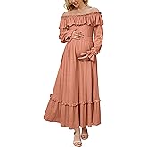 OUGES Women's Cotton Blend Off Shoulder Maternity Dress for Photoshoot Puff Sleeve Ruffle Baby Shower Maxi Dresses