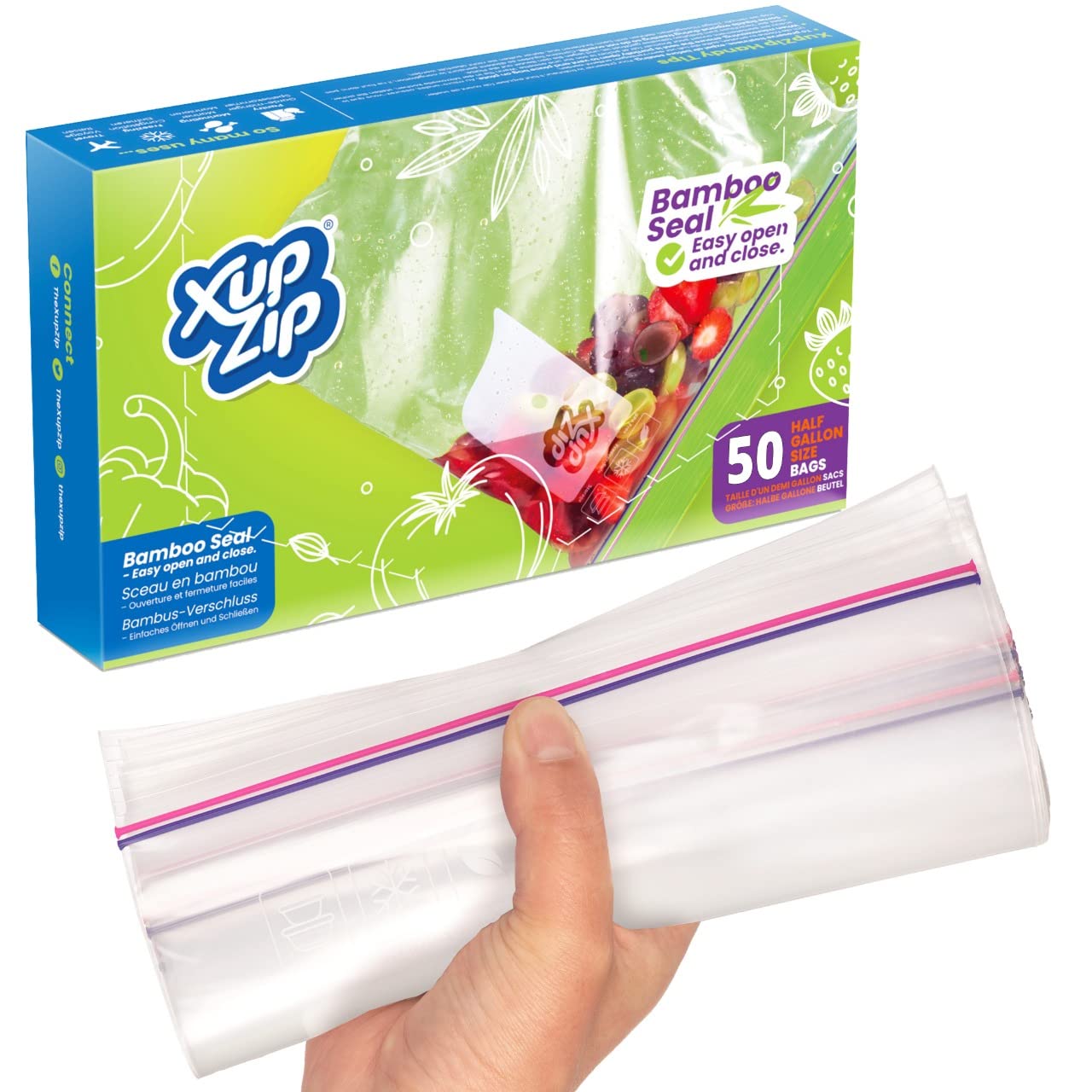 XupZip Large Freezer Bags with Airtight & Leakproof Bamboo Seal – 2.27L Reusable Food Bag with Expandable Bottom – Half Gallon Multipurpose Heavy-Duty Zip-Lock Bags, 50 Pcs