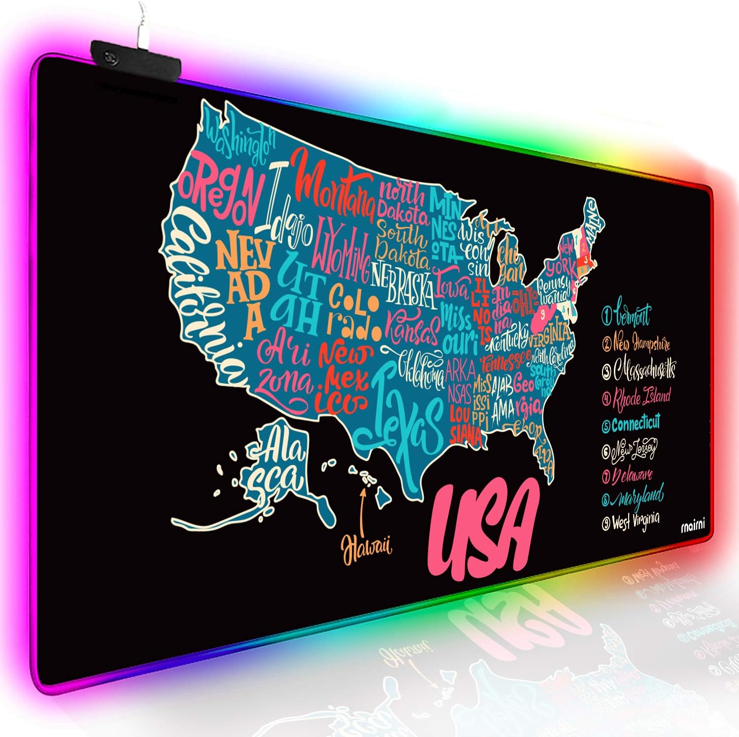 rnairni RGB Soft Gaming Mouse Pad Large, Oversized Glowing Led Extended Mousepad ，Non-Slip Rubber Base Computer Keyboard Pad Mat，31.5X 15.8in (Colorful America Map)