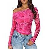 ZESICA Women's Floral Off Shoulder Long Sleeve Tops 2026 Spring Mesh Ruched Fitted Trendy Going Out Shirts Blouses