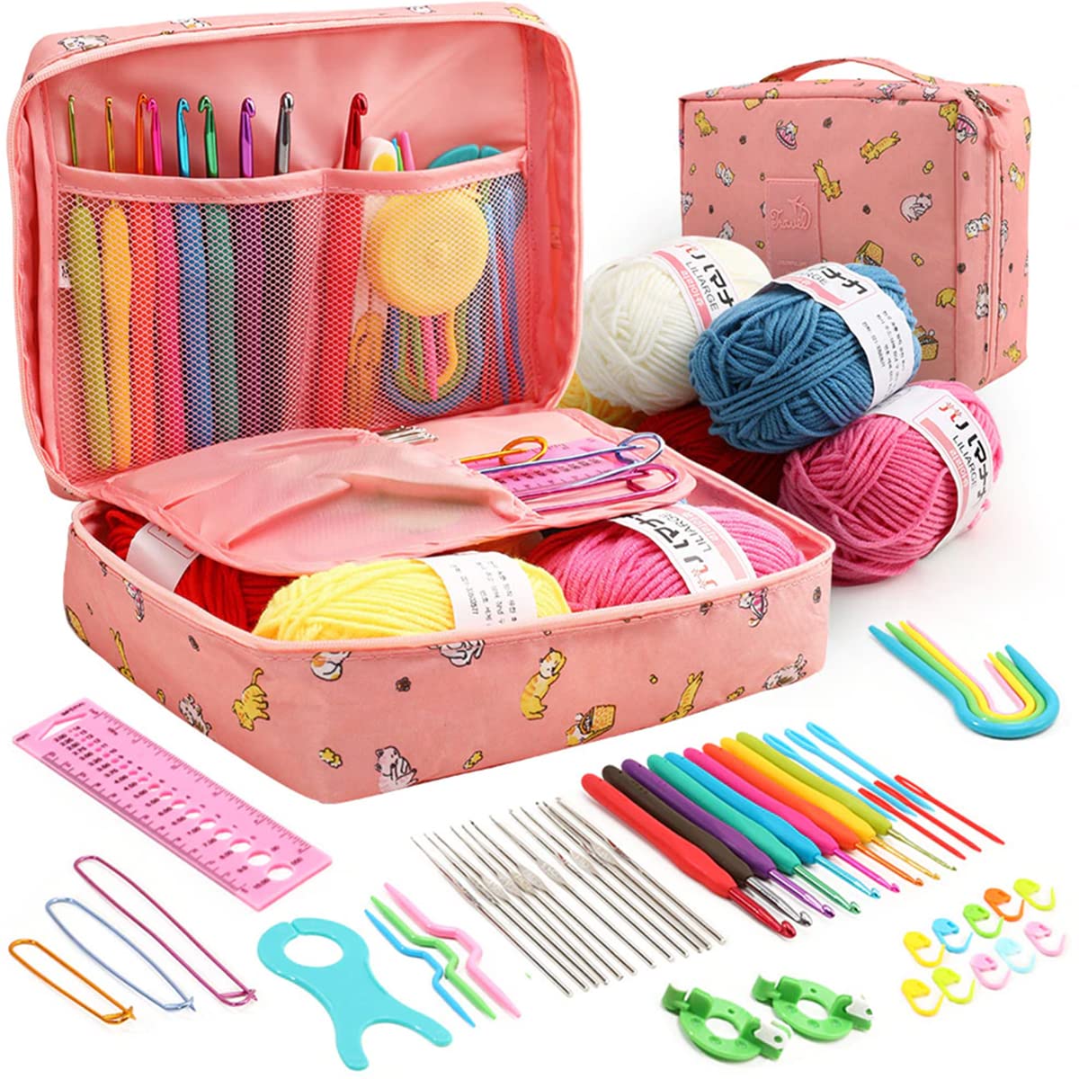Ghopy Crochet Hooks Set for Beginners Adults, Colorful Crochet Kits with Storage Bag Ergonomic Soft Grip Handle Knitting Starter Kit DIY Weave Yarn Kits for Adults Kids Gifts(Cat)