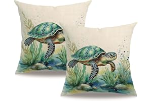 7COLORROOM Sea Pillow Covers 18x18 Inch Ocean Animals Sea Turtle Cushion Case Coastal Beach Theme Farmhouse Summer Decoration 2Pack Square Pillowcase for Patio Couch Sofa (Green)