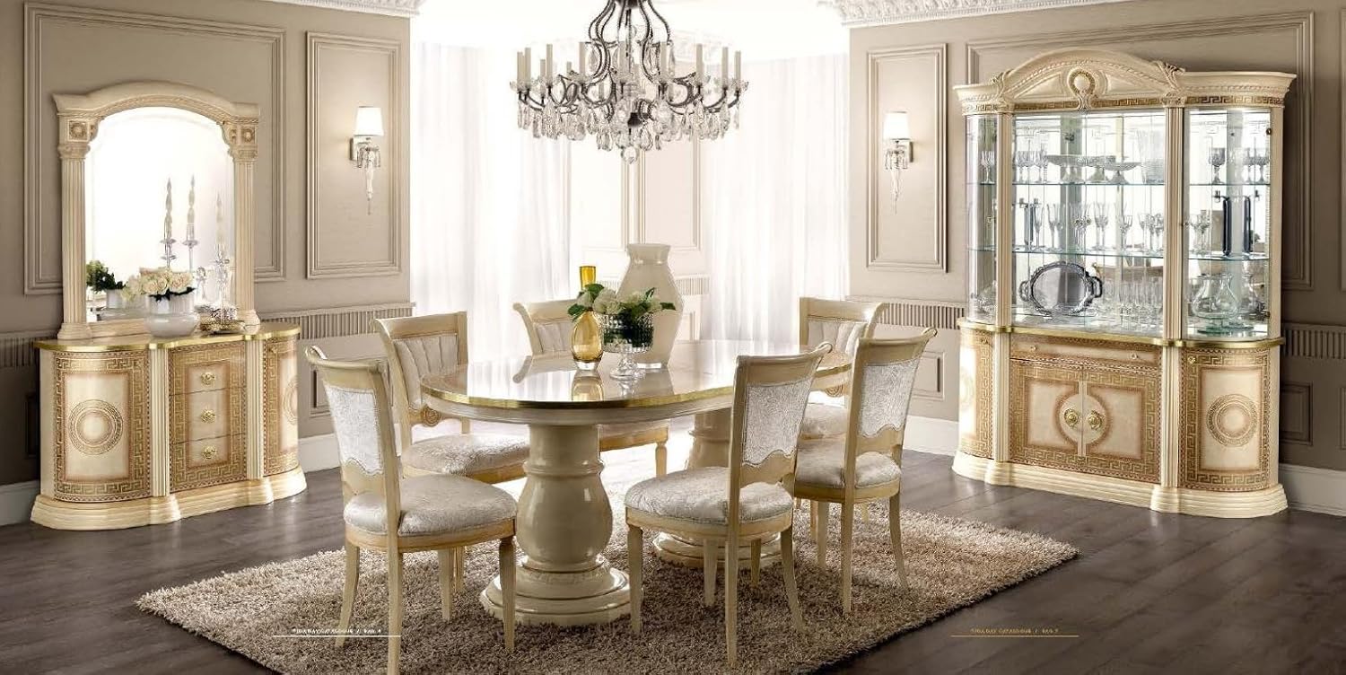 Amazon Com Esf Aida High Gloss Ivory Gold Finish Dining Room Set 8 Pcs Made In Italy By Camel Group Table Chair Sets