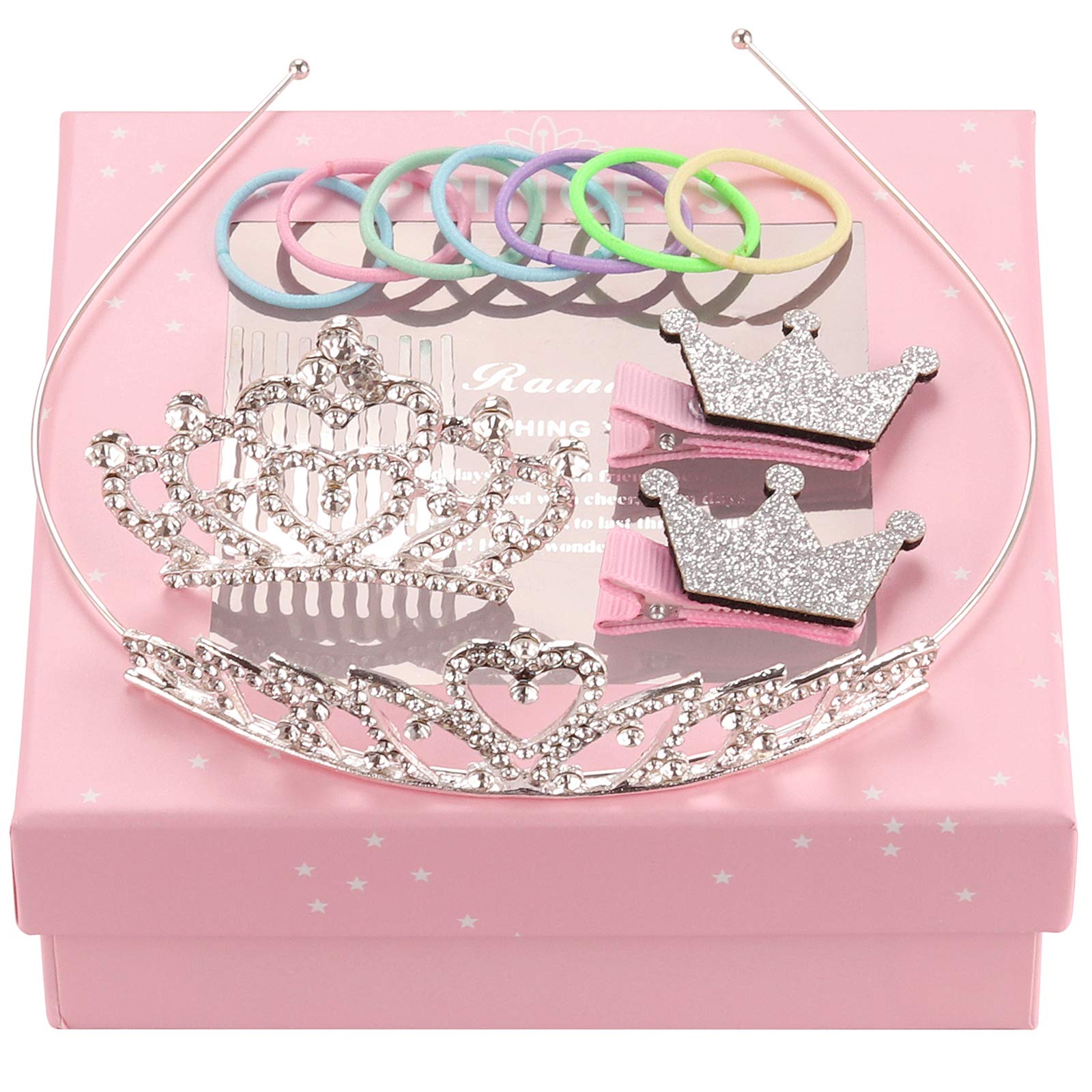 Seatecks 4PCS Cute Crown Hair Hoop Set+100Pcs Elastic Hair Ties Princess Rhinestone Headband Hair Clips Hair Ties Set Party Favors Gift for Toddler Princess Jewelry Dress Up
