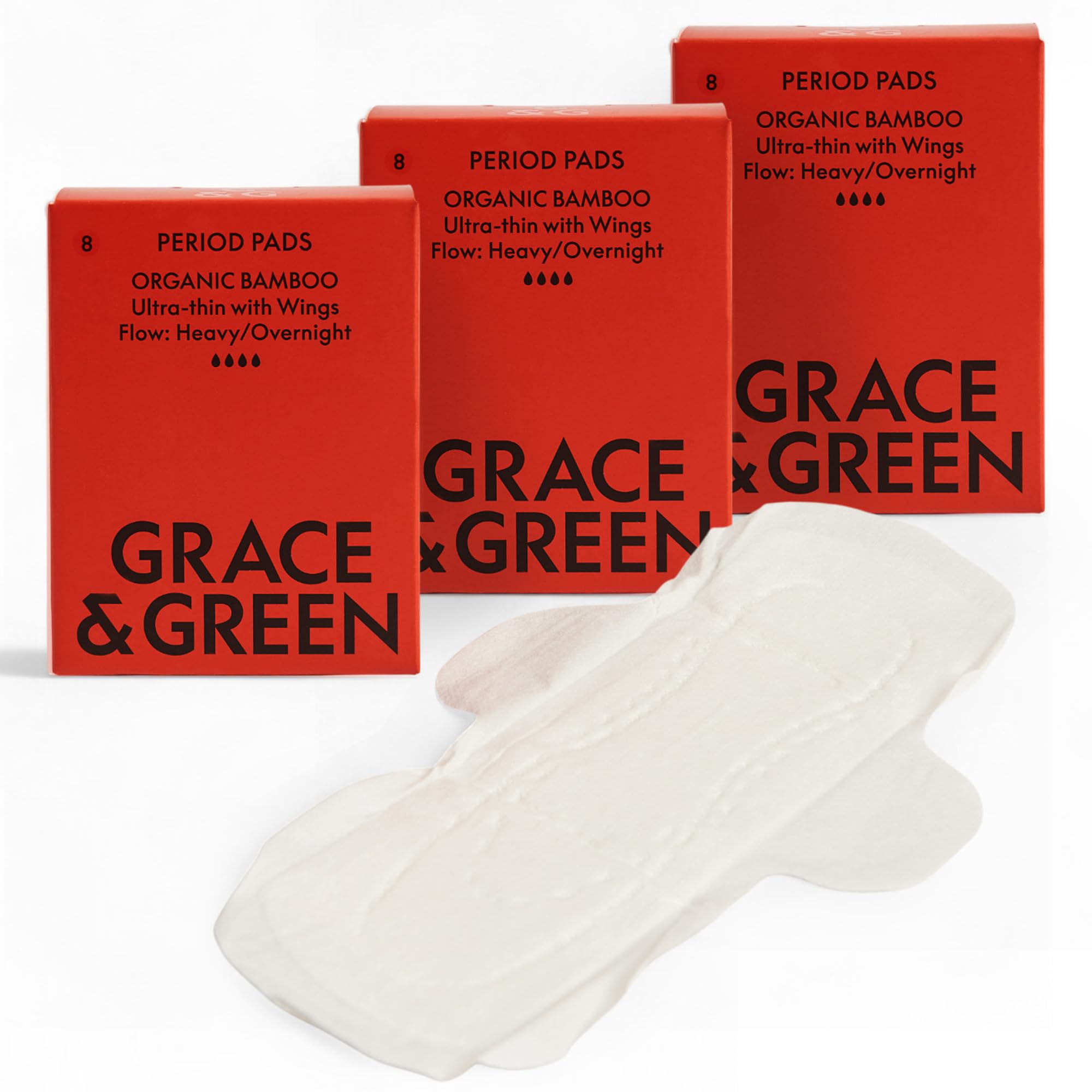 Grace & Green Nightime 24 Bamboo Pads - Heavy Flow | Night Protector Pads With Wings | Sustainable Period Products | Comfortable, Secure Fit | Biodegradable Packaging & Eco-Friendly | B-Corp Certified