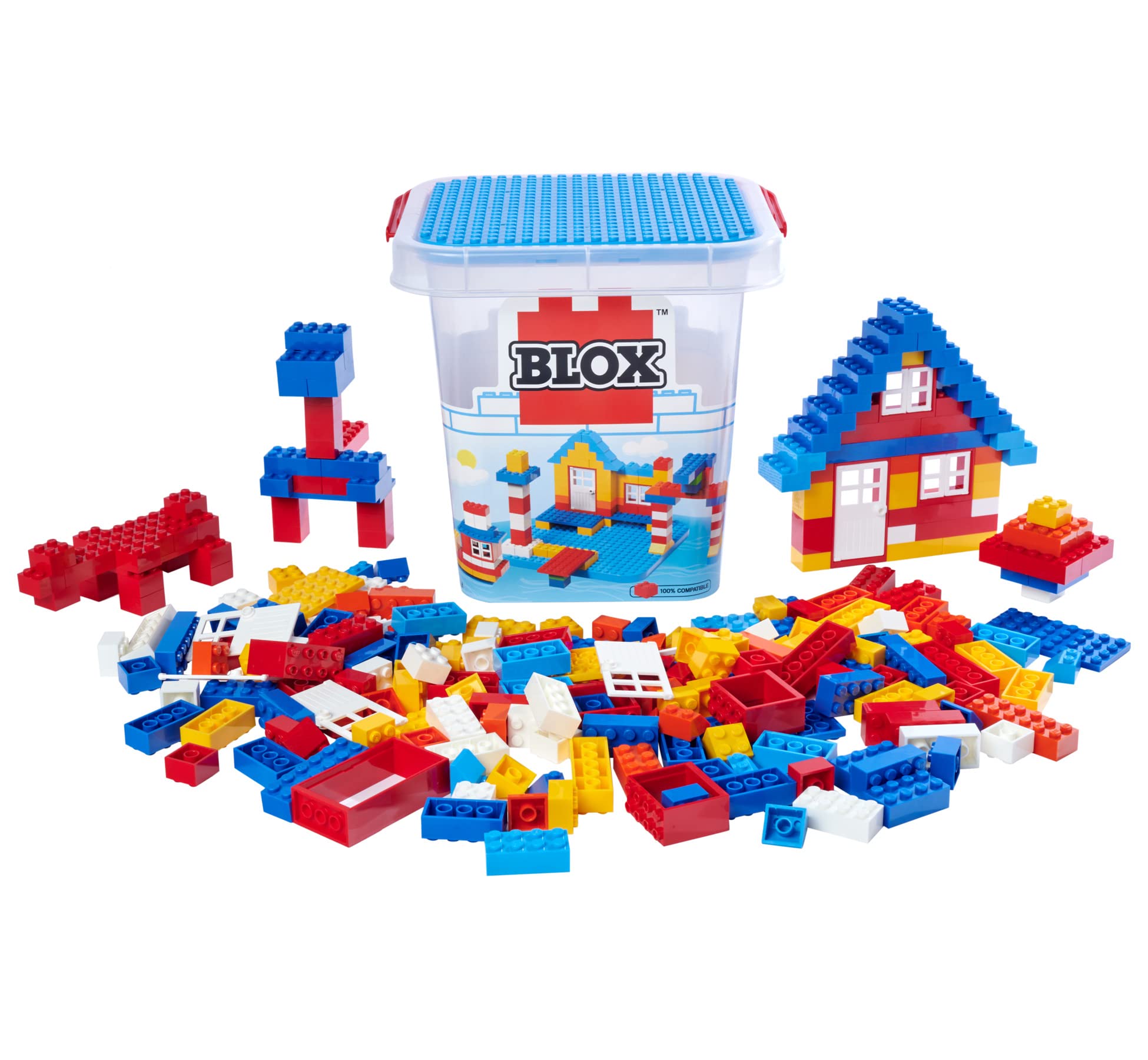 Simba 104114518 Blox 250 Building Blocks in Bucket, for Children from 3 Years, Various Stones, 8 Windows, 4 Doors, with Base Plate, Fully Compatible, Assorted Colours