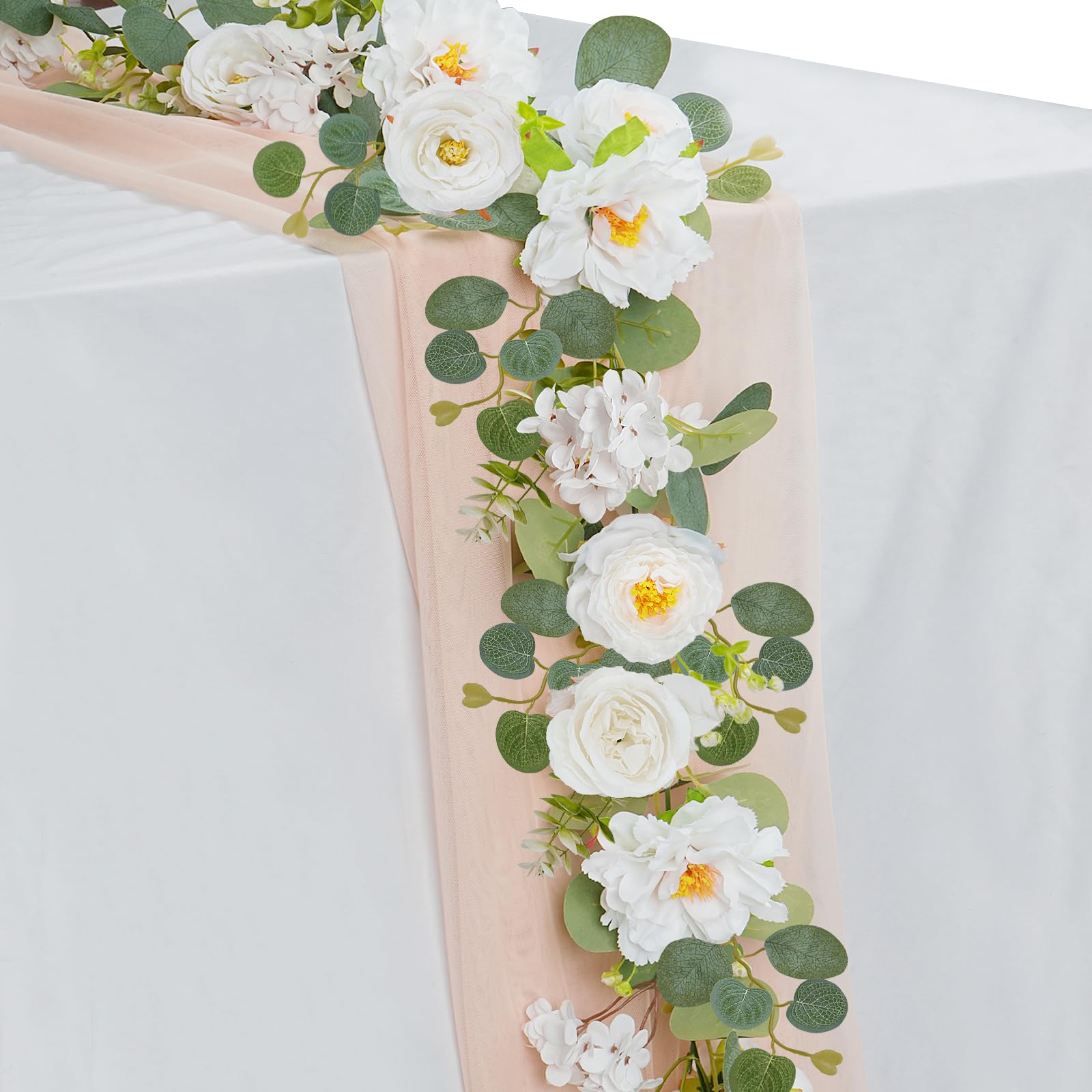 Photo 1 of Fairblo 2Pack White Flower Garland 12FT Floral Garlands for Decor with Flowers Artificial Rose Hydrangea Flower Fake Vine for Backdrop Wedding Arch Table Wall Mantle Decoration