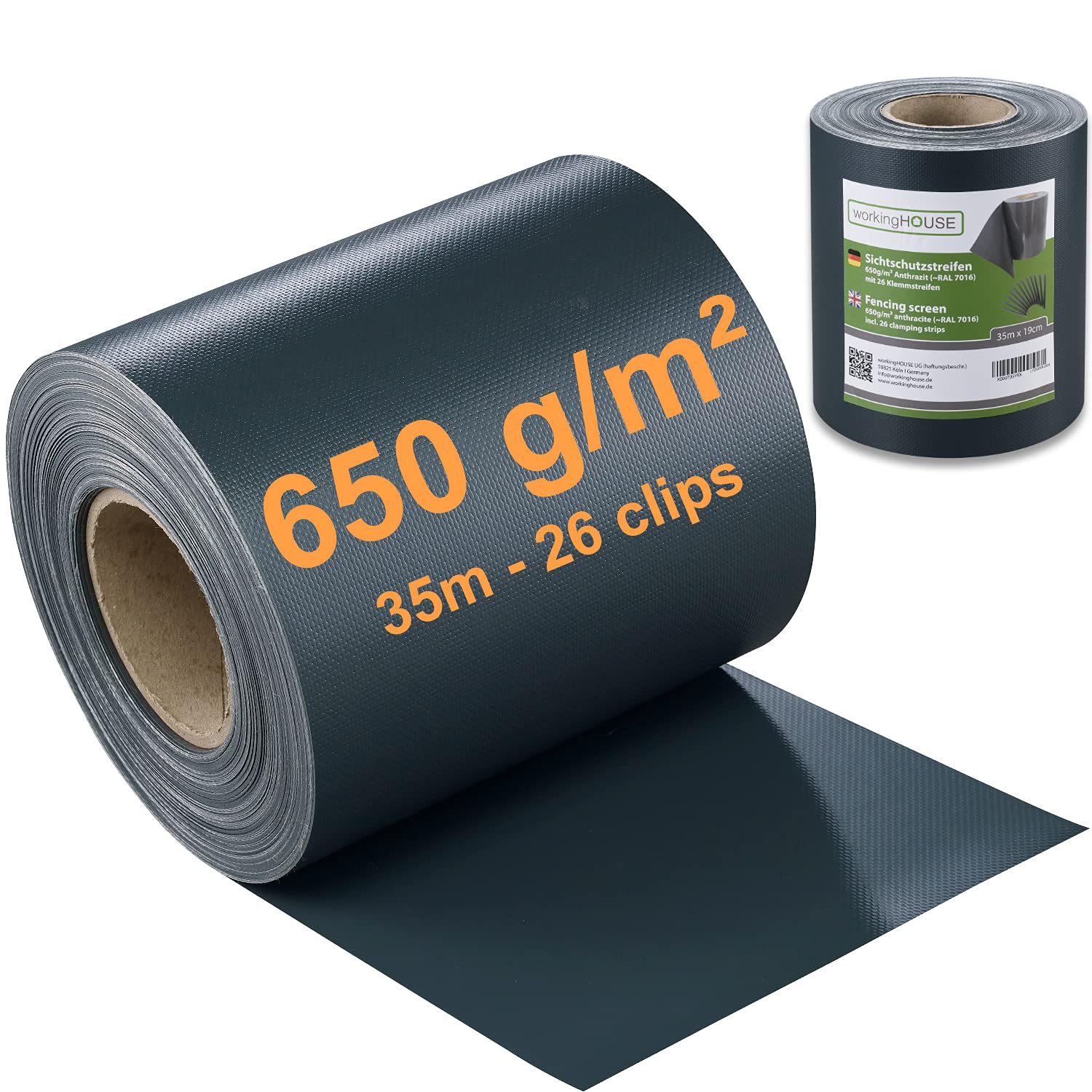 workingHOUSE View Protect Premium PVC Fencing 35m x 19 cm 650gsm Thick, Includes 20 Clamping Strips (Dark Grey)