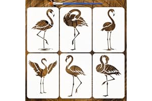 FINGERINSPIRE 6PCS Flamingo Stencils with Paint Brush 8.3x11.7inch 6 Styles Flamingo Pattern Painting Stencil Animal Theme Te