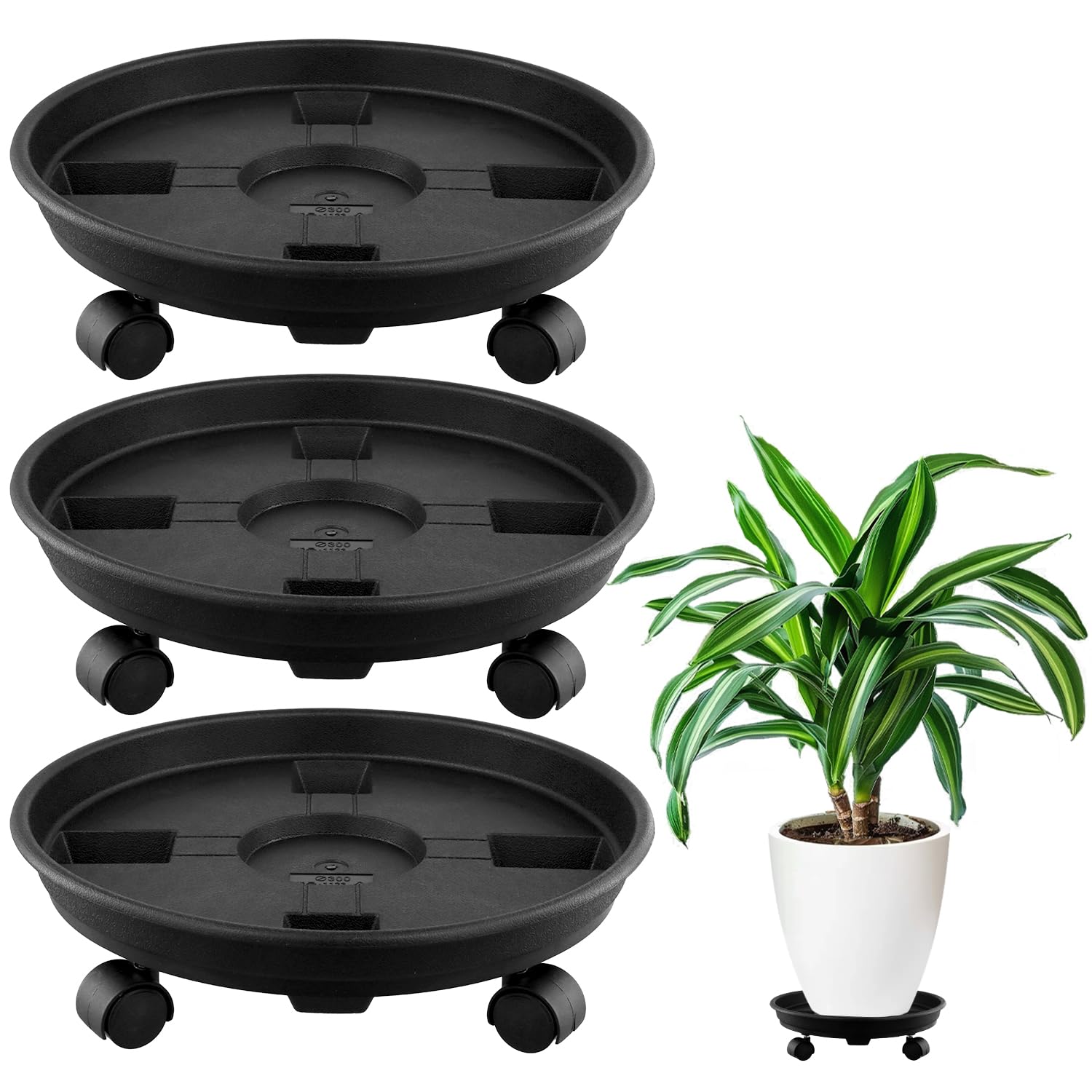 QWORK® 3Pcs 30 cm Plastic Plant Trolley, Outdoor Plant Stand with Universal Wheels, Heavy Duty Plant Caddy, for Indoors and Outdoors